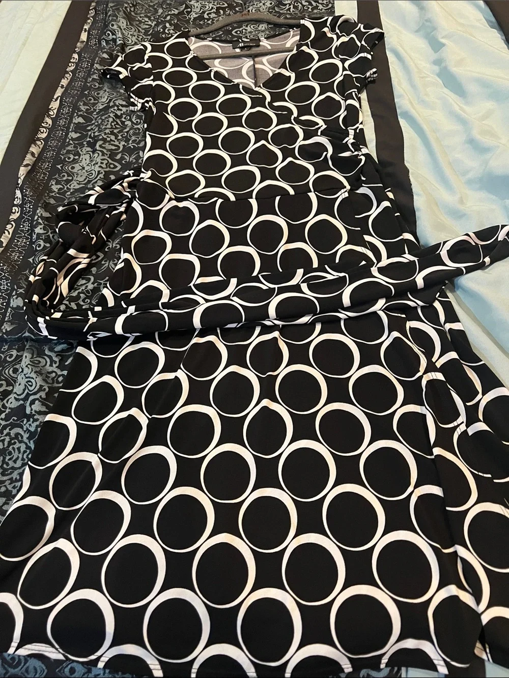 AB Studio Black & White Circle-Print Wrap-Style Midi Dress